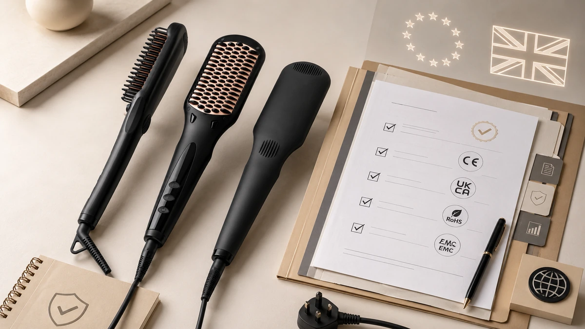 S103 hair straightener brush with UK plug and buyer document checklist for CE, UKCA, RoHS and EMC compliance review