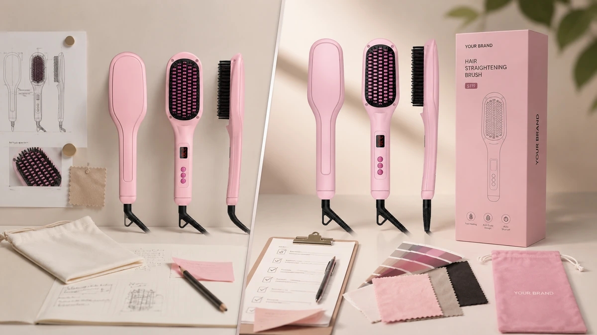 S119 hair straightener brush shown through product development, sample review, color selection and private label packaging approval stages