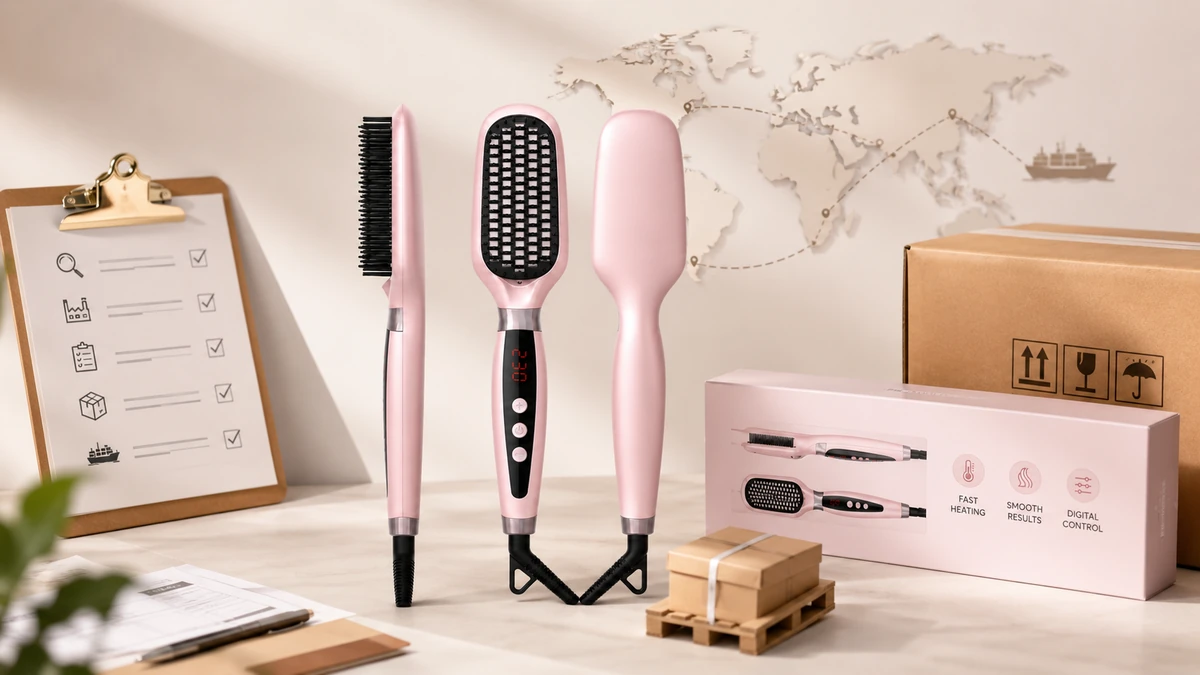 S153 hair straightener brush with packaging, shipping boxes, sourcing checklist and global logistics map for importing from China