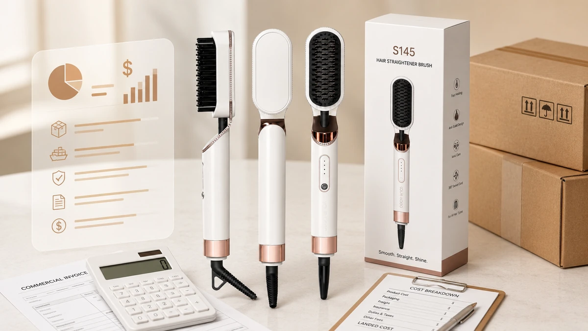 S145 hair straightener brush beside packaging, calculator, invoice and cost breakdown documents for landed cost planning