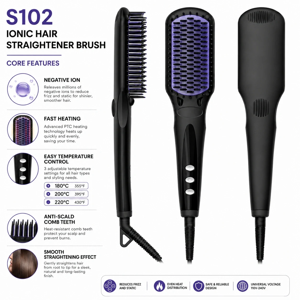 S102 Ionic Hair Straightener Brush detail image
