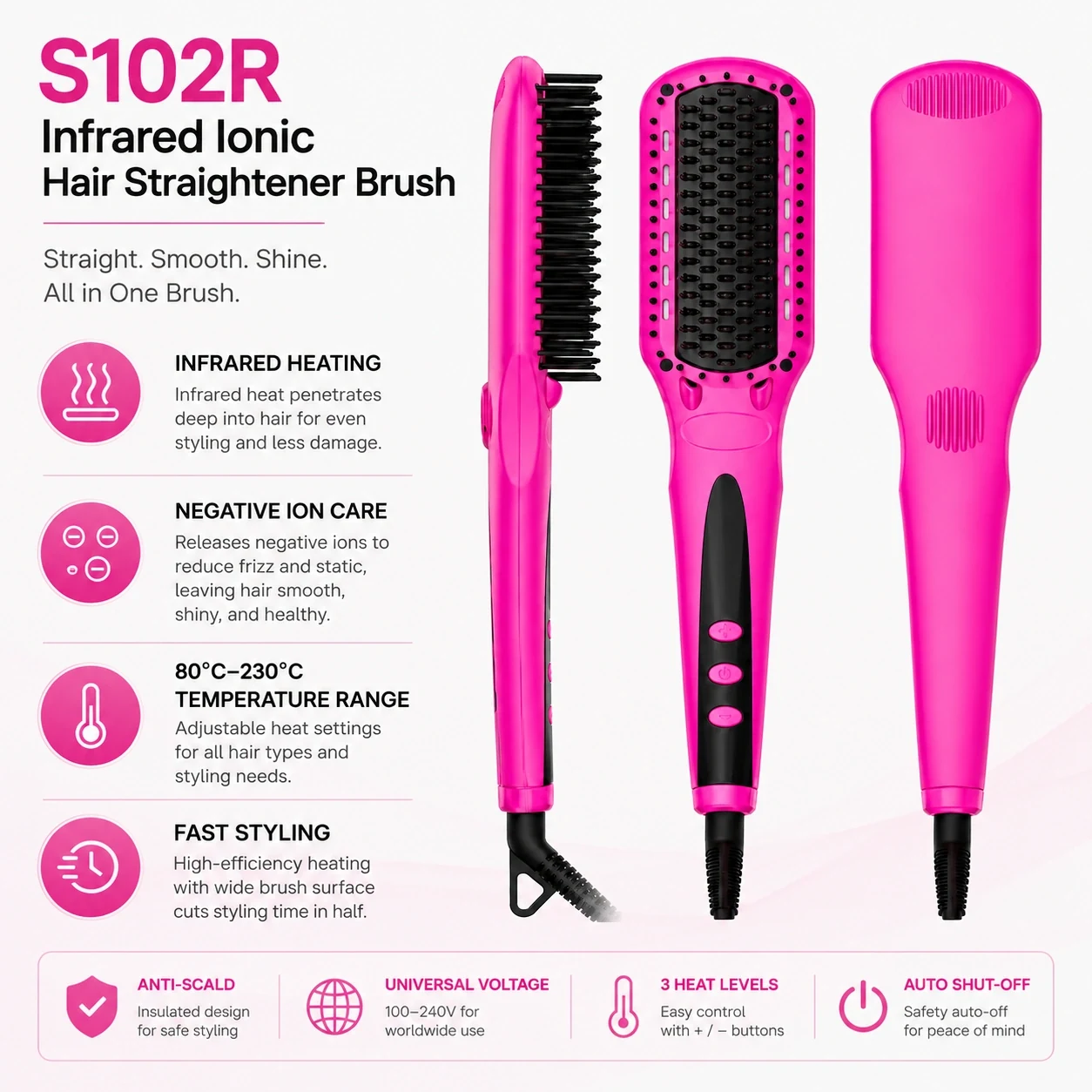 Click to enlarge S102R Infrared Ionic Hair Straightener Brush detail image S102R Infrared Ionic Hair Straightener Brush detail image