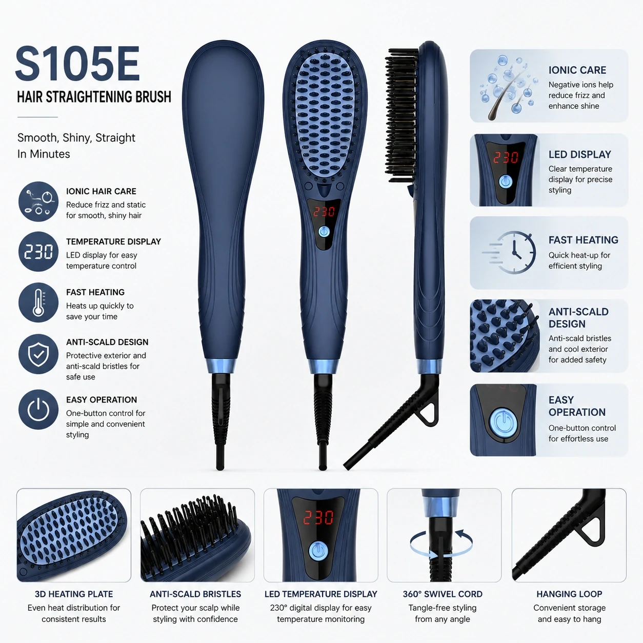 Click to enlarge S105E Ionic Hair Straightener Brush detail image S105E Ionic Hair Straightener Brush detail image