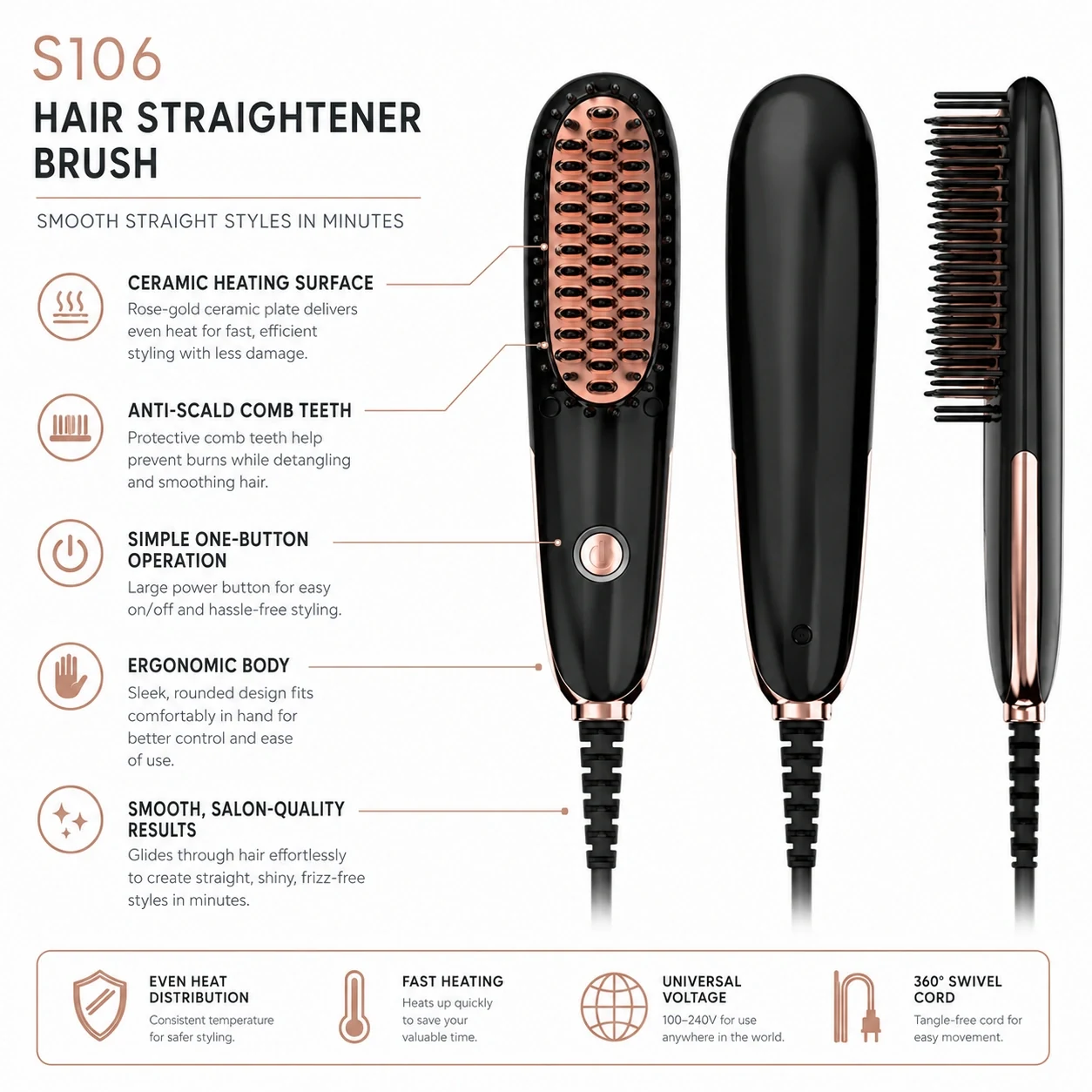 Click to enlarge S106 Compact Ceramic Hair Straightener Brush detail image S106 Compact Ceramic Hair Straightener Brush detail image