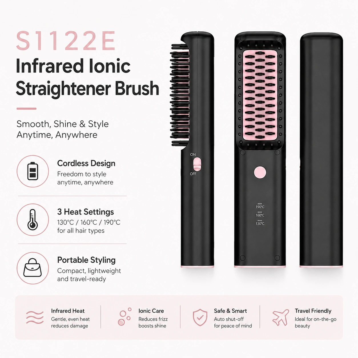 Click to enlarge SM1122E Rechargeable Hair Straightener Brush core features detail image SM1122E Rechargeable Hair Straightener Brush core features detail image