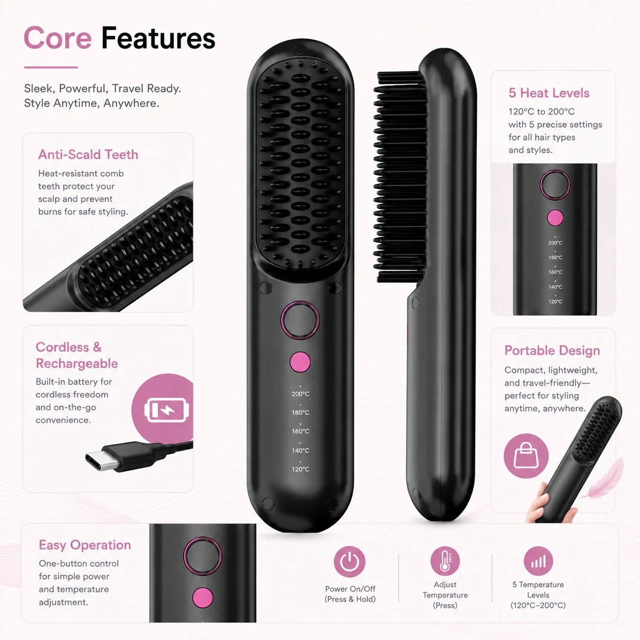 Click to enlarge S142 Rechargeable Hair Straightener Brush detail image S142 Rechargeable Hair Straightener Brush detail image