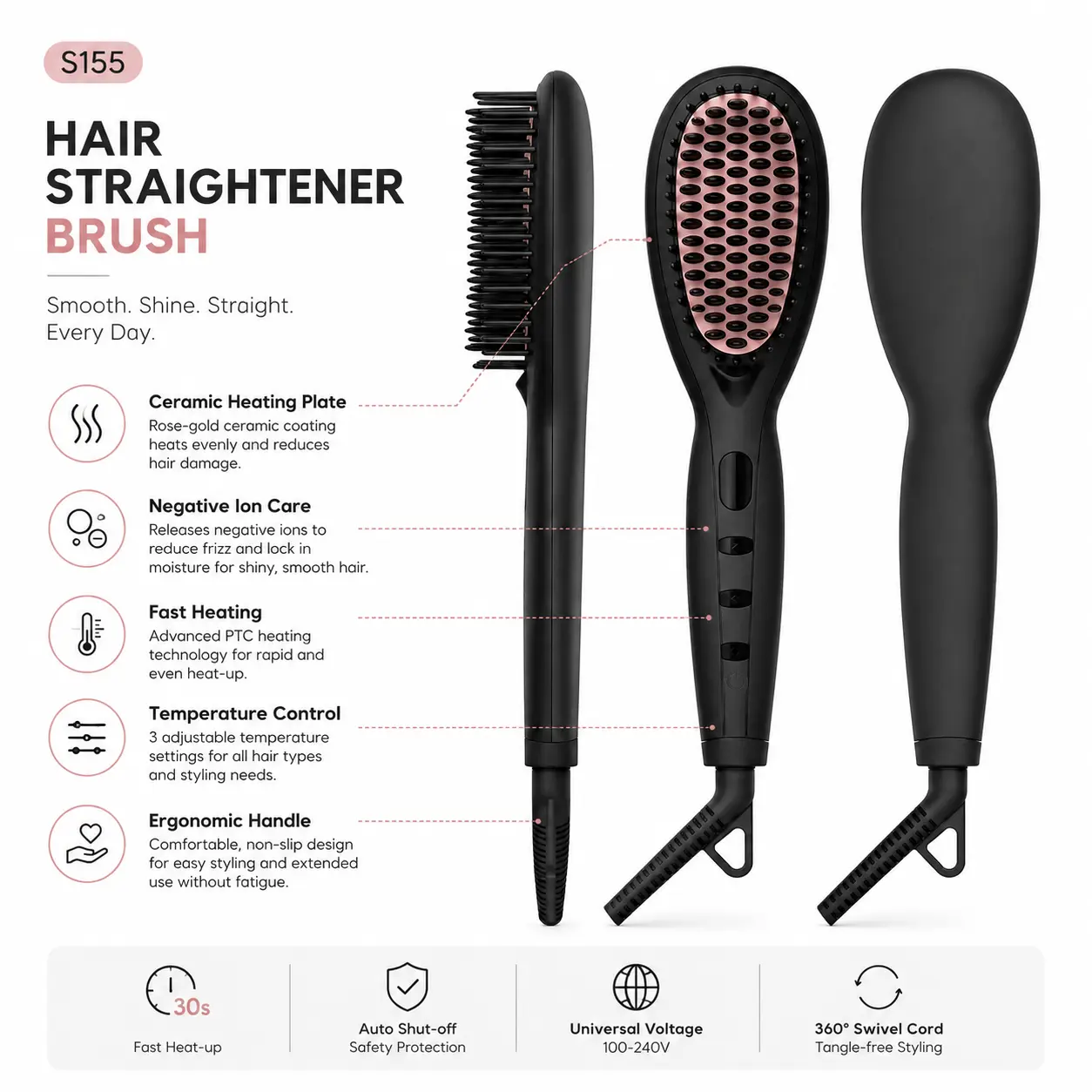 Click to enlarge S155 Ionic Hair Straightener Brush detail image S155 Ionic Hair Straightener Brush detail image