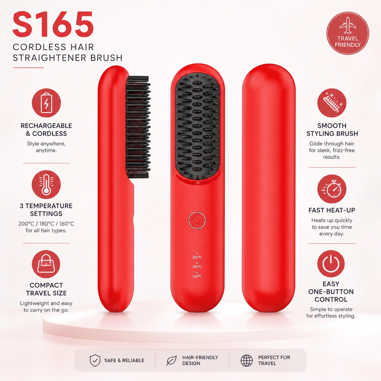 Click to enlarge S165 Rechargeable Ionic Hair Straightener Brush detail image S165 Rechargeable Ionic Hair Straightener Brush detail image