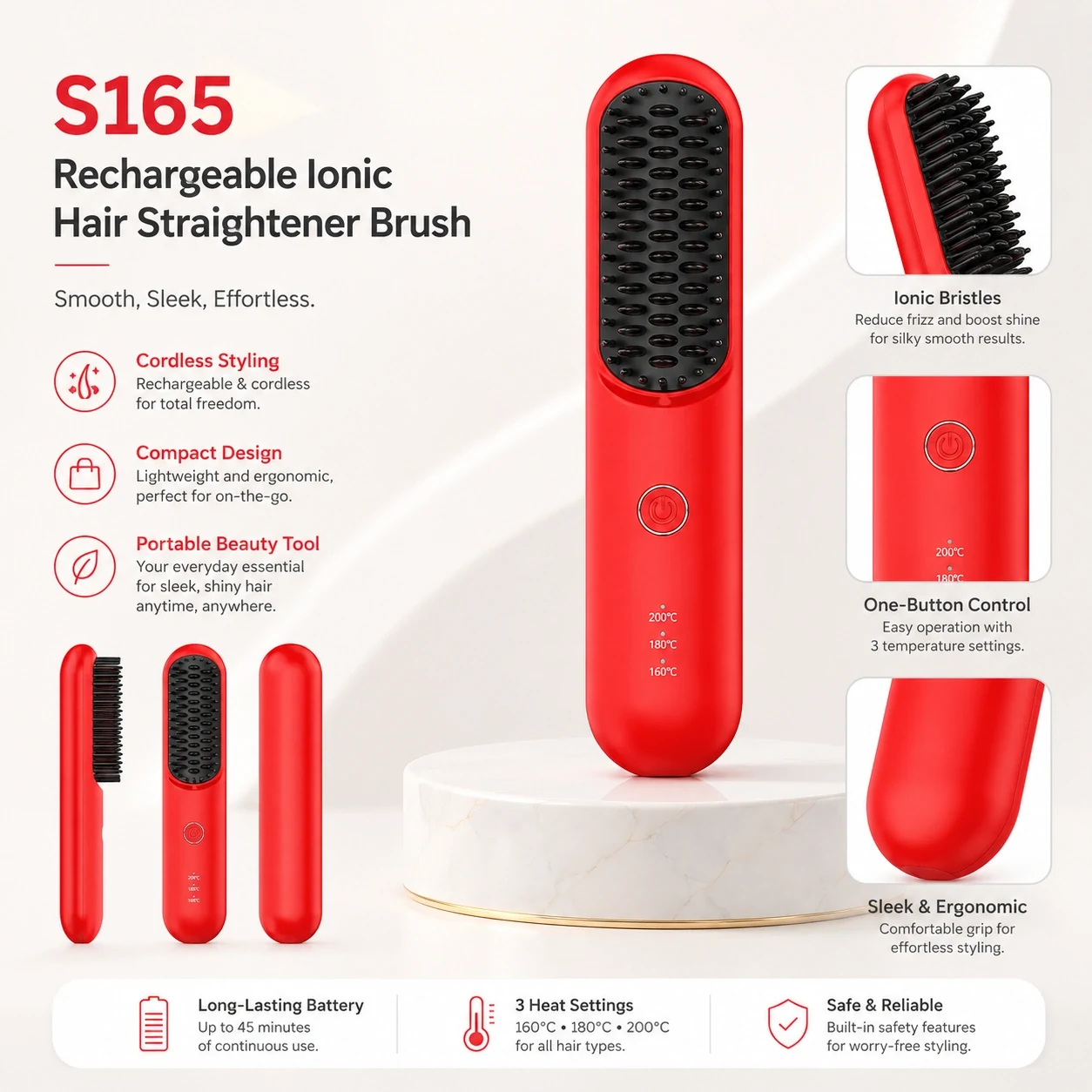 Click to enlarge S165 Rechargeable Ionic Hair Straightener Brush detail image S165 Rechargeable Ionic Hair Straightener Brush detail image