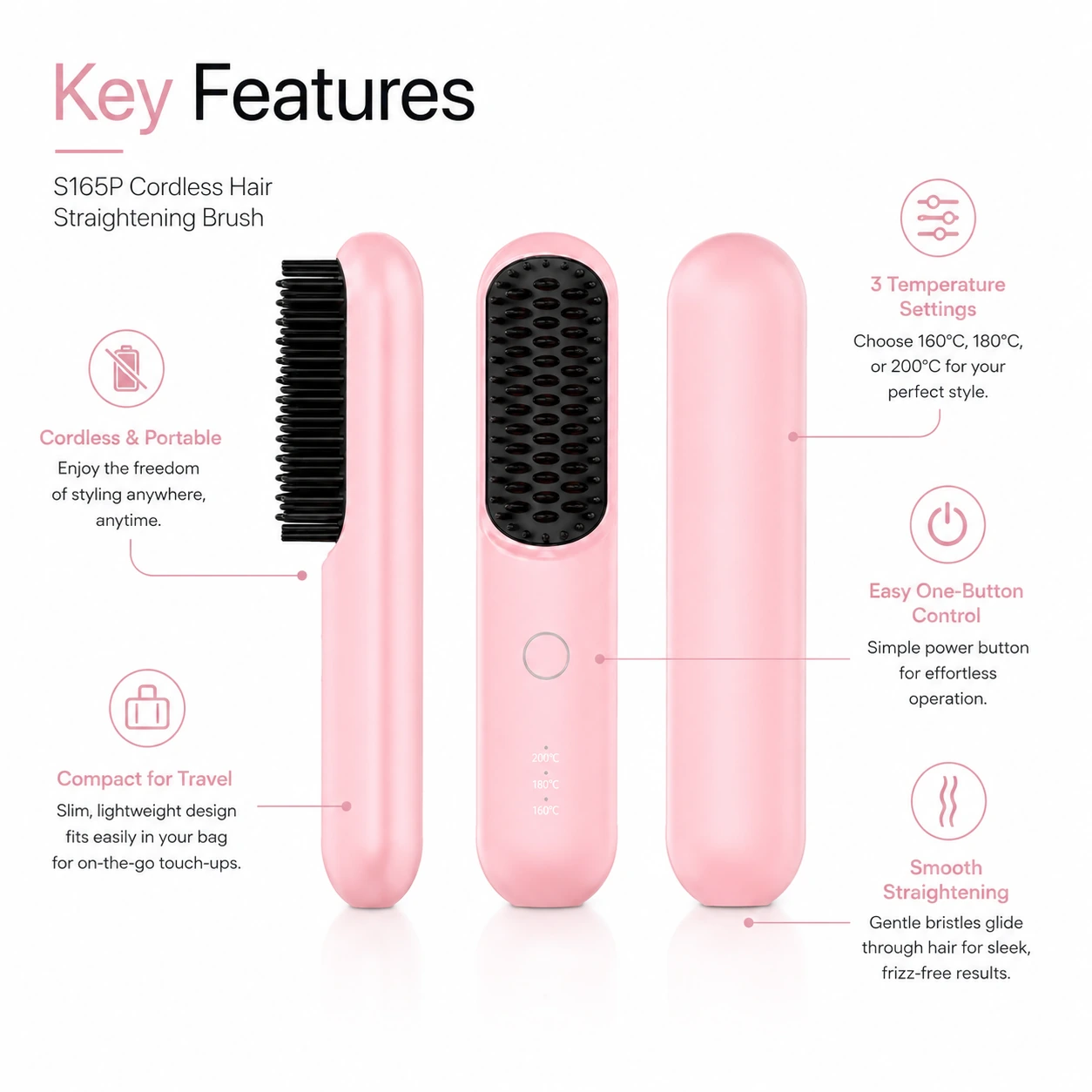 Click to enlarge S165P Rechargeable Ionic Hair Straightener Brush detail image S165P Rechargeable Ionic Hair Straightener Brush detail image