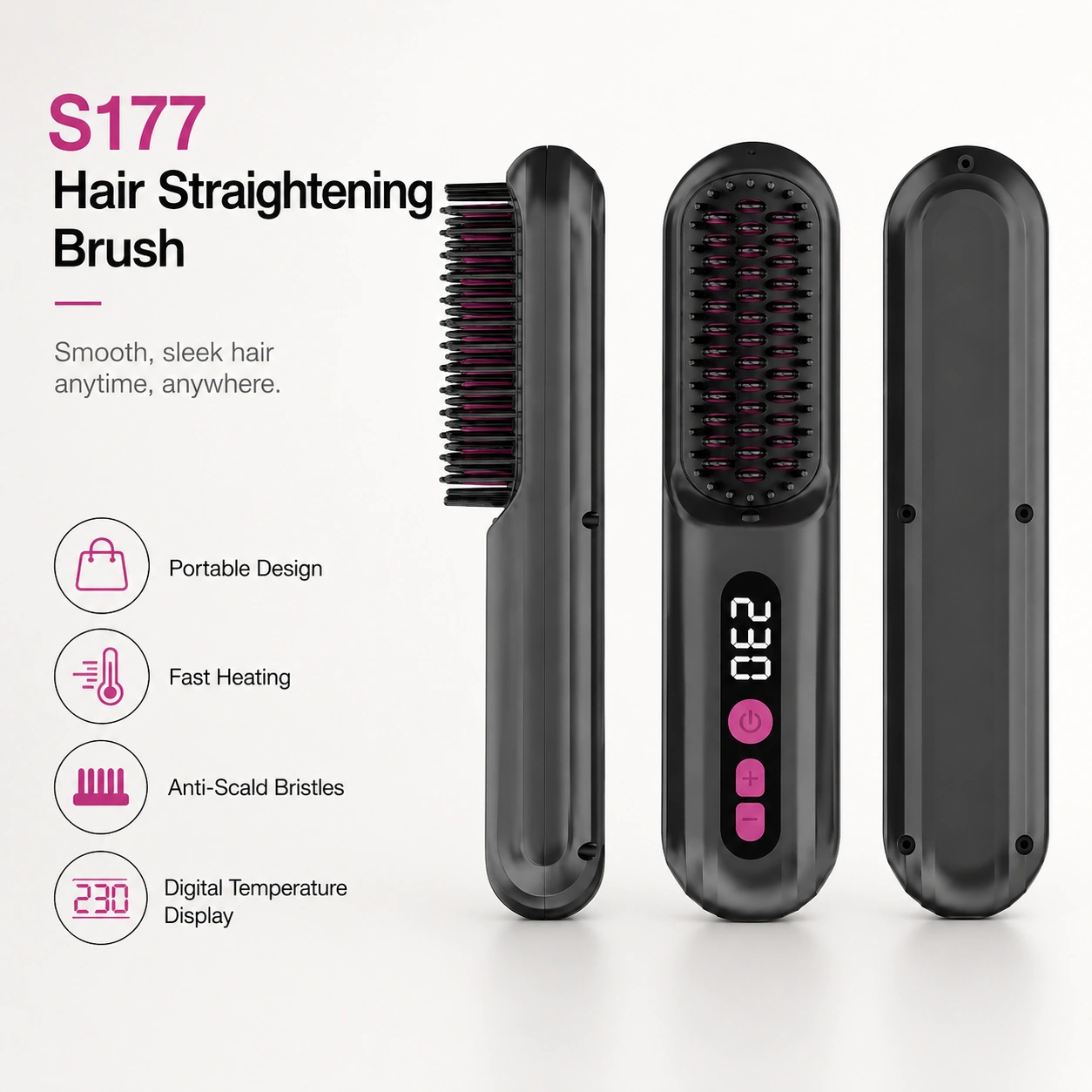 Click to enlarge S177 Rechargeable Ionic Hair Straightener Brush detail image S177 Rechargeable Ionic Hair Straightener Brush detail image