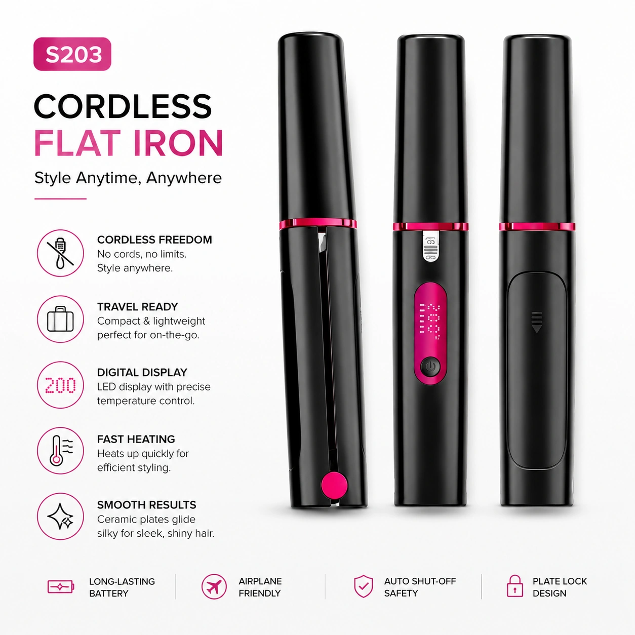 Click to enlarge S203 Rechargeable Ionic Multifunctional Flat Iron detail image S203 Rechargeable Ionic Multifunctional Flat Iron detail image