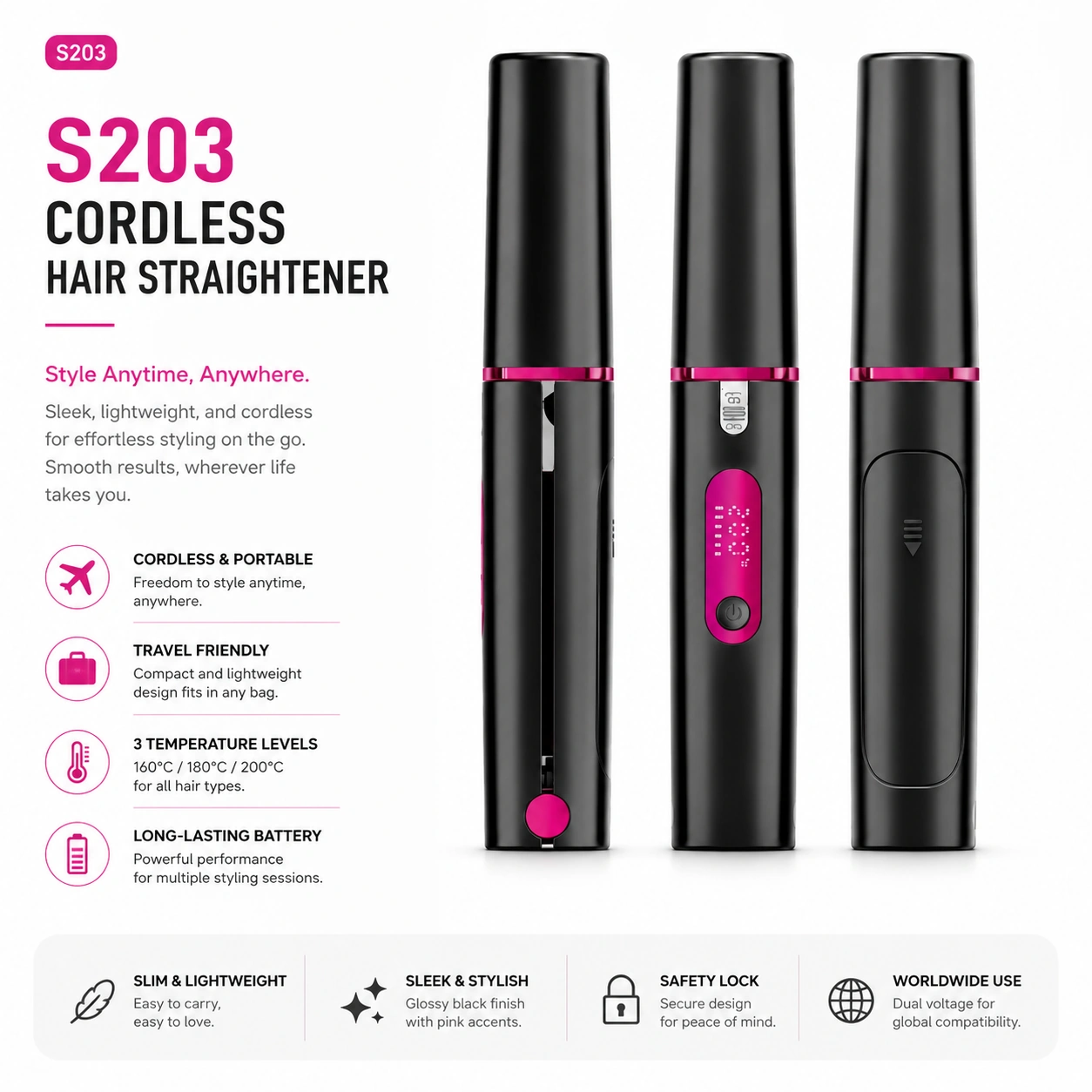 Click to enlarge S203 Rechargeable Ionic Multifunctional Flat Iron detail image S203 Rechargeable Ionic Multifunctional Flat Iron detail image
