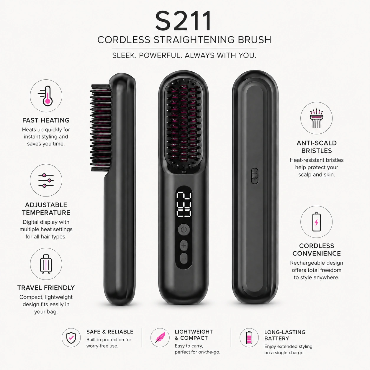S211 Rechargeable Ionic Hair Straightener Brush detail image