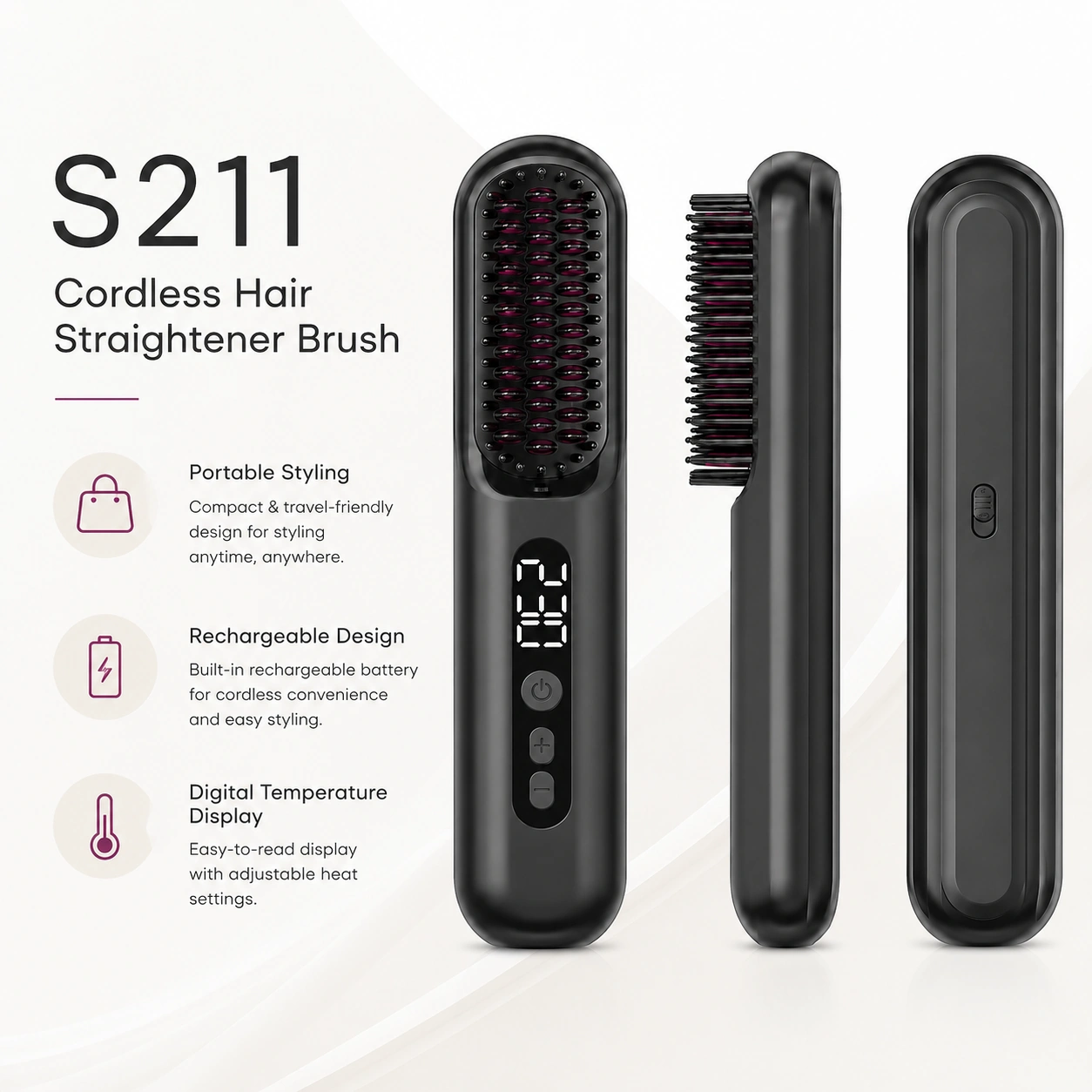 S211 Rechargeable Ionic Hair Straightener Brush detail image