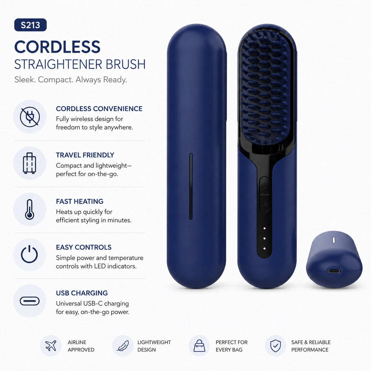 Click to enlarge S213 Rechargeable Ionic Hair Straightener Brush detail image S213 Rechargeable Ionic Hair Straightener Brush detail image
