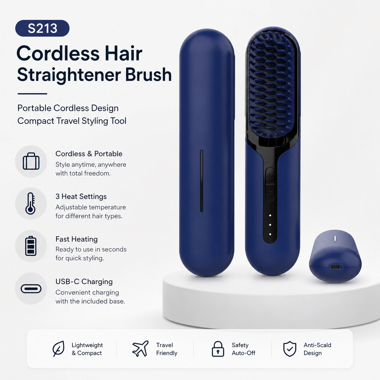 Click to enlarge S213 Rechargeable Ionic Hair Straightener Brush detail image S213 Rechargeable Ionic Hair Straightener Brush detail image