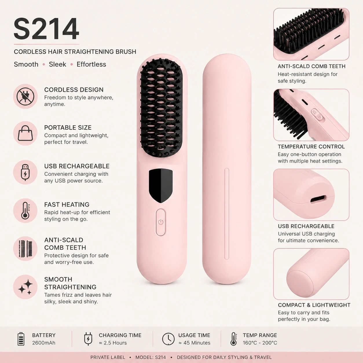 Click to enlarge S214 Rechargeable Ionic Hair Straightener Brush detail image S214 Rechargeable Ionic Hair Straightener Brush detail image