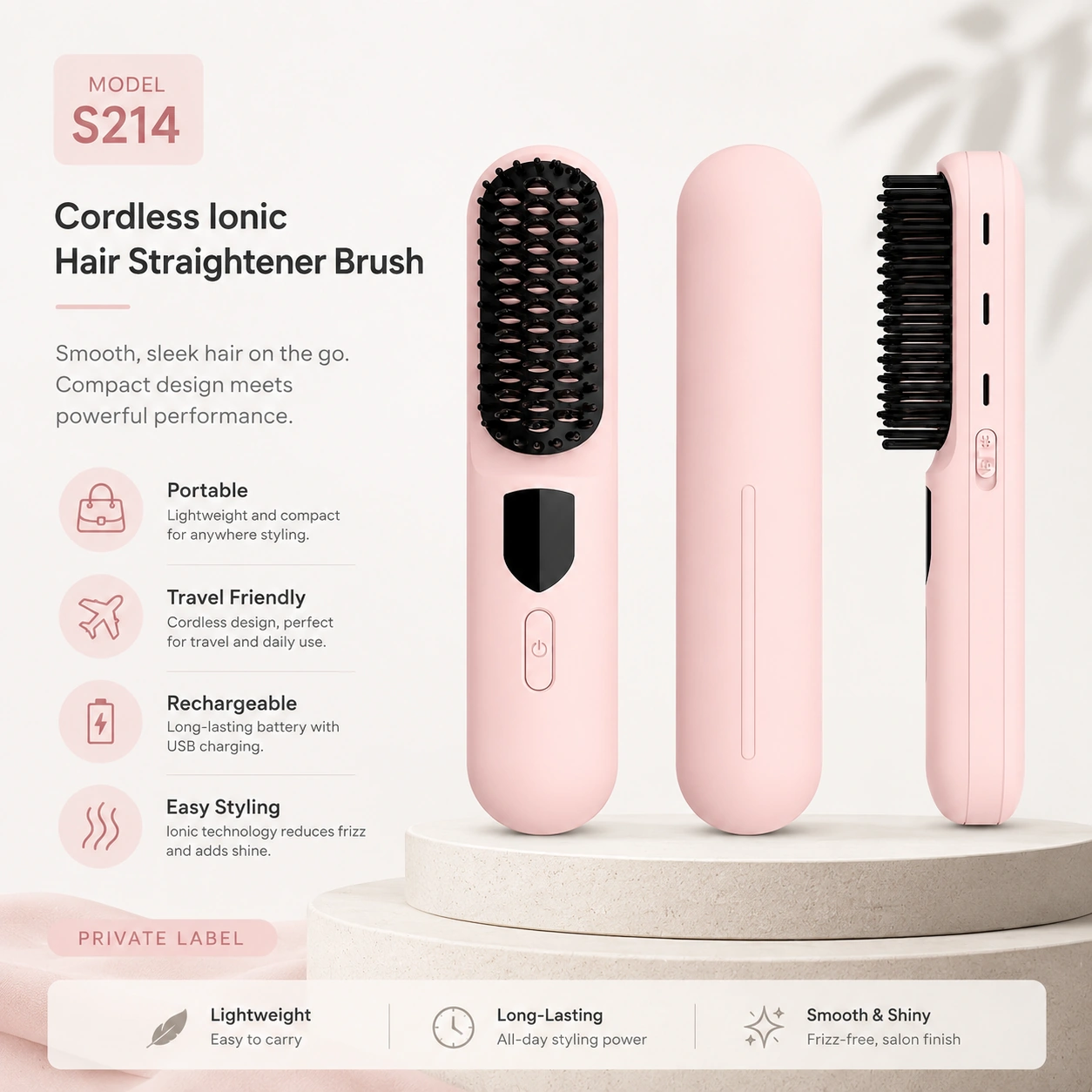 Click to enlarge S214 Rechargeable Ionic Hair Straightener Brush detail image S214 Rechargeable Ionic Hair Straightener Brush detail image